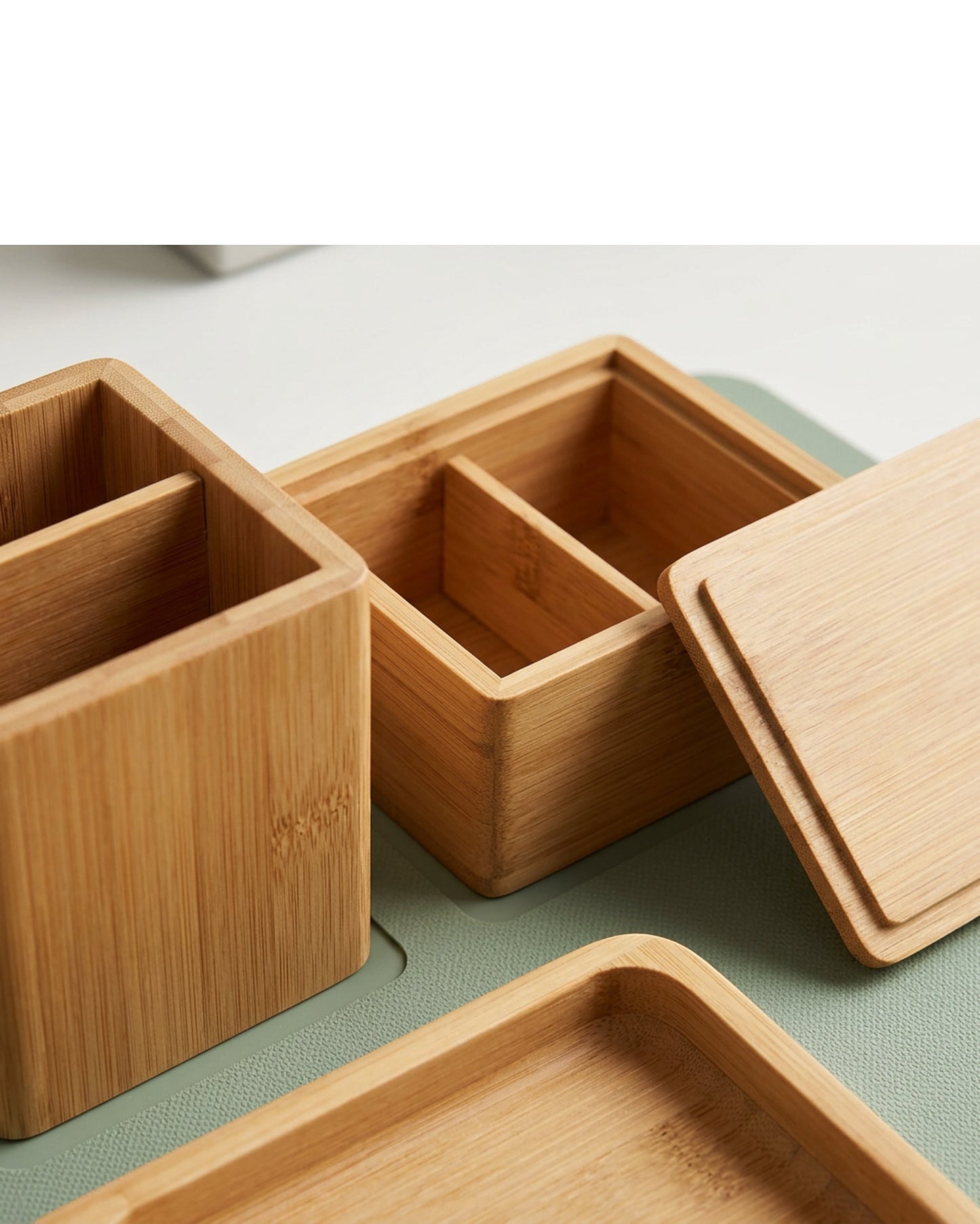 Movae Modular Bamboo Desktop Organizer Set of 3 with Sage Mat - Detail view
