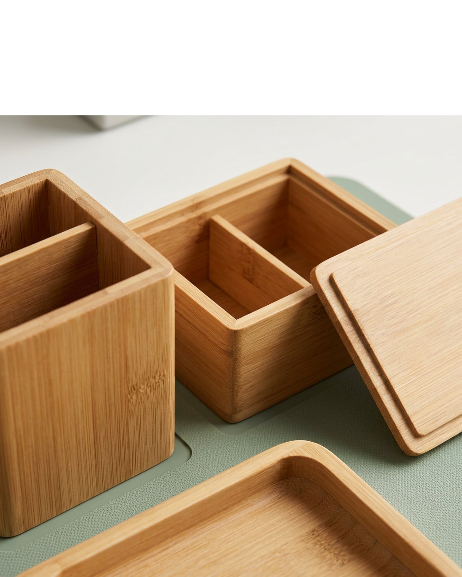 Movae Modular Bamboo Desktop Organizer Set of 3 with Sage Mat - Detail view