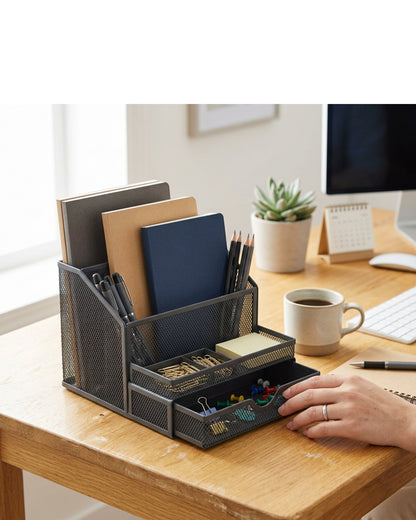 Movae Steel Mesh Desktop Organizer with 5 Storage Sections Charcoal - Lifestyle view