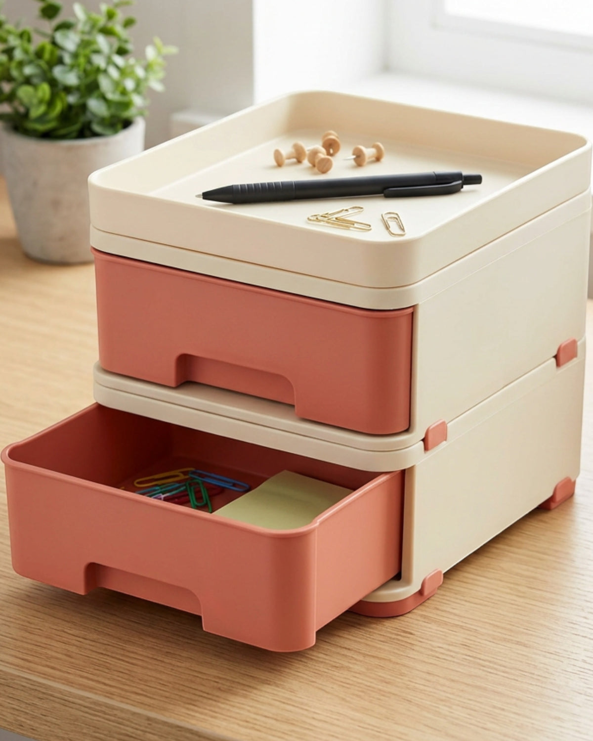 Movae Stackable Desktop Storage Box with 2 Drawers and Removable Tray Cream Coral - Lifestyle view